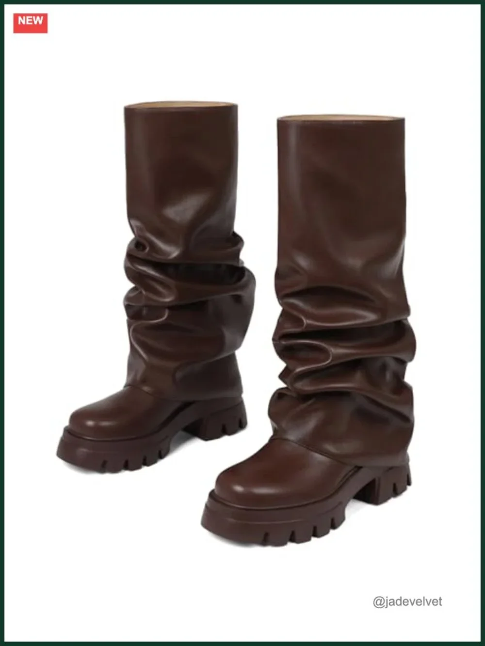 Fold Over Slouchy Wide Calf Platform Boots Chunky Heel Pull-On Round Toe